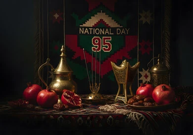 البن العربي الخليجي الفاخر, التقاليد والعادات الأصيلة المتوارثة من الأجداد، مفهوم الضيافة العربية الأصيلة, تقديم المشروبات الساخنة والتمر السكري والرمان للزوار, حسن استقبال الضيف وإكرامه, القهوة العربية في الثقافة السعودية، ذكرى اليوم الوطني السعودي 95