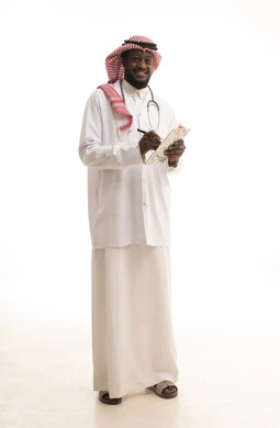 Recording test results in the medical record with gestures of cheerfulness and joy, a portrait of an Arab Gulf Saudi doctor wearing traditional attire and a white coat, holding patient files in hand, preparing medical reports, working in the health sector, full-body image, white background.