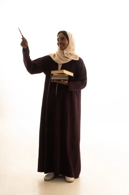 A pen pointing to something, higher education in the universities of the Kingdom, modern curricula and educational materials, preparation for the new academic year, a portrait of a dark-skinned Arab Gulf Saudi university student wearing an abaya and hijab, carrying a backpack with a collection of books, white background.
