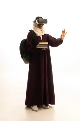 Simulation of the imaginary world, integrating modern technologies with learning and training, education using virtual reality technology, a portrait of a Saudi Gulf Arab student wearing an abaya and hijab, wearing 3D VR glasses and holding a collection of books, white background.