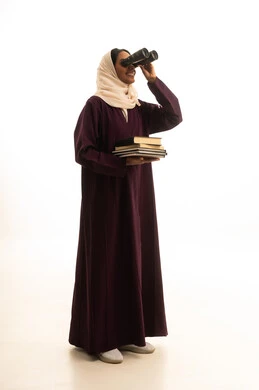 Simulation of the imaginary world, integrating modern technologies with learning and training, education using virtual reality technology, a portrait of a Saudi Gulf Arab student wearing an abaya and hijab, wearing 3D VR glasses and holding a collection of books, white background.