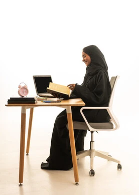 The concept of excellence and diligence, the use of technology and modern techniques, the arrival of exam time and study sessions, a portrait of a Gulf Arab Saudi student wearing an abaya and hijab sitting at a table in front of a globe model, books, and a laptop, with a white background. The concept of excellence and diligence, the use of technology and modern techniques, the arrival of exam time and study sessions, a portrait of a Gulf Arab Saudi student wearing an abaya and hijab sitting at a table in front of a globe model, books, and a laptop, with a white background.