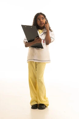 الاجتهاد للوصول الى الطموح والهدف المستقبلي، مفهوم الطب والرعاية الصحية، بورتريه لفتاة عربية خليجية سعودية ترتدي المعطف الأبيض تضع السماعة الطبية تحمل بيدها كتاب، بنت سعودية تقوم بالقراءة بايماءات التفكير، خلفية بيضاء