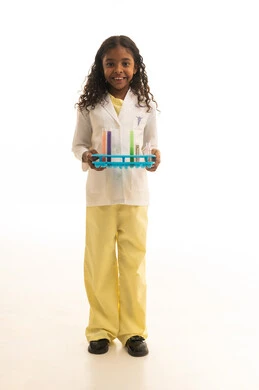 Aspirations to obtain a profession as a chemical researcher, conducting experiments and biochemical reactions, a portrait of a Gulf Arab Saudi girl wearing a lab coat and holding test tubes, a Saudi girl conducting scientific research in a chemistry lab, determining the future profession since childhood, full body height, white background.