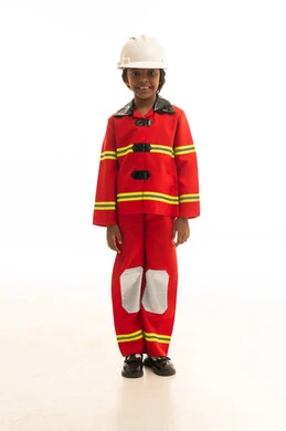 Standing upright and looking at the camera with gestures of happiness, the profession of a firefighter and civil defense, striving for dreams to achieve them, a portrait of a Gulf Arab Saudi girl wearing a helmet and a special protective suit for firefighters and fire-resistant shoes, with a white background.