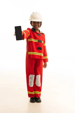 A blank black screen displayed on a mobile phone, the profession of a firefighter and civil defense, the pursuit of dreams to achieve them, a portrait of a Gulf Arab Saudi girl wearing a helmet and a special protective suit for firefighters and fire-resistant shoes, white background.