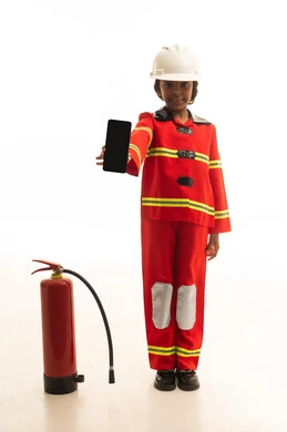 عرض شاشة سوداء فارغة عبر الجوال ، مهنة رجل الإطفاء والدفاع المدني,،السعي وراء الاحلام من أجل تحقيقها,  بورتريه لطفلة عربية خليجية سعودية ترتدي خوذة و سترة حماية خاصة برجال الإطفاء وحذاء خاص مقاوم للنيران ، خلفية بيضاء