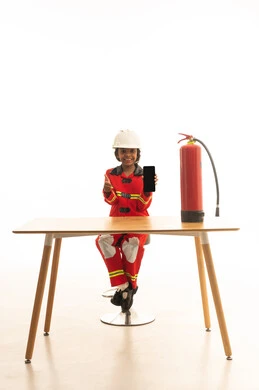 عرض شاشة سوداء فارغة عبر الجوال ،السعي وراء الاحلام من أجل تحقيقها, مهنة رجل الإطفاء والدفاع المدني, بورتريه لطفلة عربية خليجية سعودية ترتدي خوذة و سترة حماية خاصة برجال الإطفاء وحذاء خاص مقاوم للنيران تجلس وراء مكتب تقوم باستخدام هاتف محمول، خلفية بيضاء