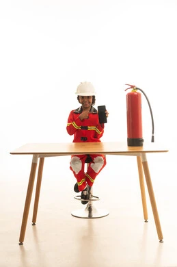 A blank black screen displayed on a mobile phone, the pursuit of dreams to achieve them, the profession of a firefighter and civil defense, a portrait of an Arab Gulf Saudi girl wearing a helmet and a special protective suit for firefighters and fire-resistant shoes sitting behind a desk using a mobile phone, white background.