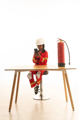 The pursuit of dreams to achieve them, the profession of a firefighter and civil defense, a portrait of a Gulf Arab Saudi girl wearing a helmet and a special protective suit for firefighters and fire-resistant shoes sitting behind a desk using a mobile phone, white background.