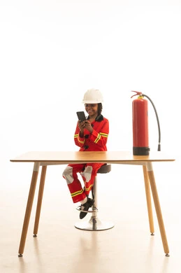 السعي وراء الاحلام من أجل تحقيقها, مهنة رجل الإطفاء والدفاع المدني, بورتريه لطفلة عربية خليجية سعودية ترتدي خوذة و سترة حماية خاصة برجال الإطفاء وحذاء خاص مقاوم للنيران تجلس وراء مكتب تقوم باستخدام هاتف محمول، خلفية بيضاء