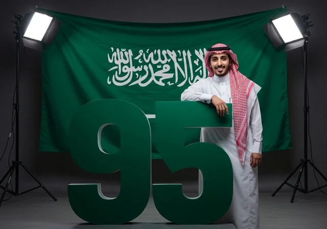 اليوم الوطني السعودي 23 سبتمبر، مجسمات الارقام لاحياء الذكرى 95 للسعودية، رجل عربي خليجي سعودي مبتسم يرتدي الشماغ والثوب التقليدي يقف بتعابير الفخر والاعتزاز، راية التوحيد وشعار الوطن، الاحتفال بالمناسبات والأعياد الوطنية، يوم العلم 11 مارس