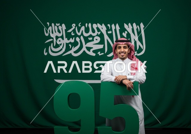 اليوم الوطني السعودي 23 سبتمبر، مجسمات الارقام لاحياء الذكرى 95 للسعودية، رجل عربي خليجي سعودي مبتسم يرتدي الشماغ والثوب التقليدي يقف بتعابير الفخر والاعتزاز، راية التوحيد وشعار الوطن، الاحتفال بالمناسبات والأعياد الوطنية، يوم العلم 11 مارس