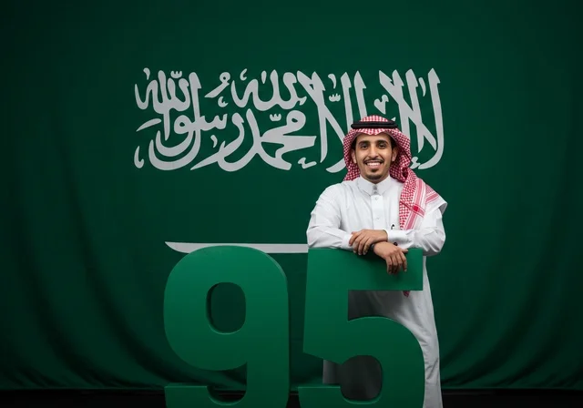 اليوم الوطني السعودي 23 سبتمبر، مجسمات الارقام لاحياء الذكرى 95 للسعودية، رجل عربي خليجي سعودي مبتسم يرتدي الشماغ والثوب التقليدي يقف بتعابير الفخر والاعتزاز، راية التوحيد وشعار الوطن، الاحتفال بالمناسبات والأعياد الوطنية، يوم العلم 11 مارس