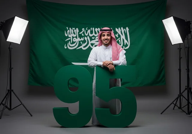 اليوم الوطني السعودي 23 سبتمبر، مجسمات الارقام لاحياء الذكرى 95 للسعودية، رجل عربي خليجي سعودي مبتسم يرتدي الشماغ والثوب التقليدي يقف بتعابير الفخر والاعتزاز، راية التوحيد وشعار الوطن، الاحتفال بالمناسبات والأعياد الوطنية، يوم العلم 11 مارس
