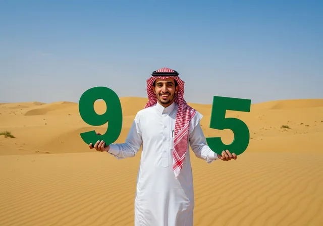 Celebrating national occasions and holidays in nature, Flag Day March 11, Saudi National Day September 23, close-up of a Saudi Arabian Gulf man wearing a traditional shemagh and thobe standing in the desert holding up number sculptures to commemorate the 95th anniversary of Saudi Arabia