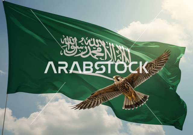طائر الصقر المفترس يحلق امام علم المملكة العربية السعودية، راية التوحيد وشعار الوطن، الاحتفال بالمناسبات والأعياد الوطنية، يوم العلم 11 مارس، اليوم الوطني السعودي 23 سبتمبر، احياء الذكرى 95  للسعودية
