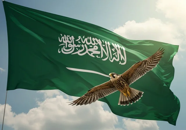 طائر الصقر المفترس يحلق امام علم المملكة العربية السعودية، راية التوحيد وشعار الوطن، الاحتفال بالمناسبات والأعياد الوطنية، يوم العلم 11 مارس، اليوم الوطني السعودي 23 سبتمبر، احياء الذكرى 95  للسعودية