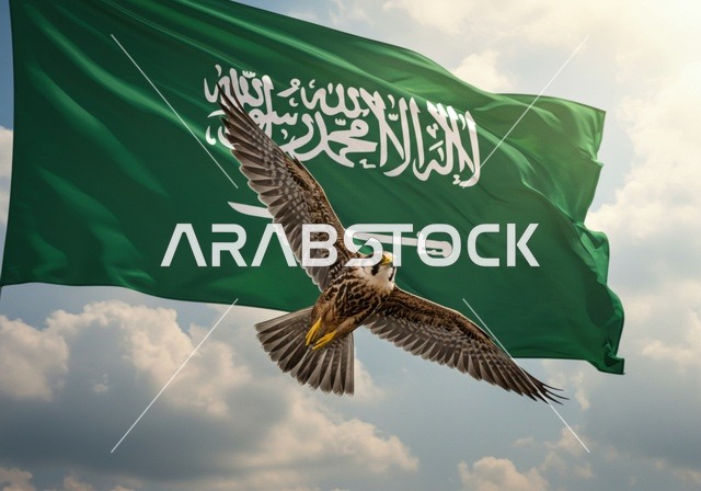 طائر الصقر المفترس يحلق امام علم المملكة العربية السعودية، راية التوحيد وشعار الوطن، الاحتفال بالمناسبات والأعياد الوطنية، يوم العلم 11 مارس، اليوم الوطني السعودي 23 سبتمبر، احياء الذكرى 95  للسعودية