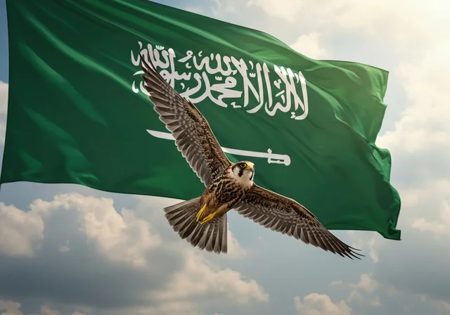 طائر الصقر المفترس يحلق امام علم المملكة العربية السعودية، راية التوحيد وشعار الوطن، الاحتفال بالمناسبات والأعياد الوطنية، يوم العلم 11 مارس، اليوم الوطني السعودي 23 سبتمبر، احياء الذكرى 95  للسعودية