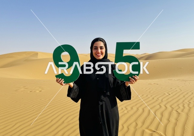 الاحتفال بالمناسبات والأعياد الوطنية في الطبيعة، يوم العلم 11 مارس، اليوم الوطني السعودي 23 سبتمبر،  إمرأة عربية خليجية سعودية مبتسمة ترتدي الحجاب والعباءة تقف وسط الصحراء ترفع مجسمات الارقام لاحياء الذكرى 95 للسعودية