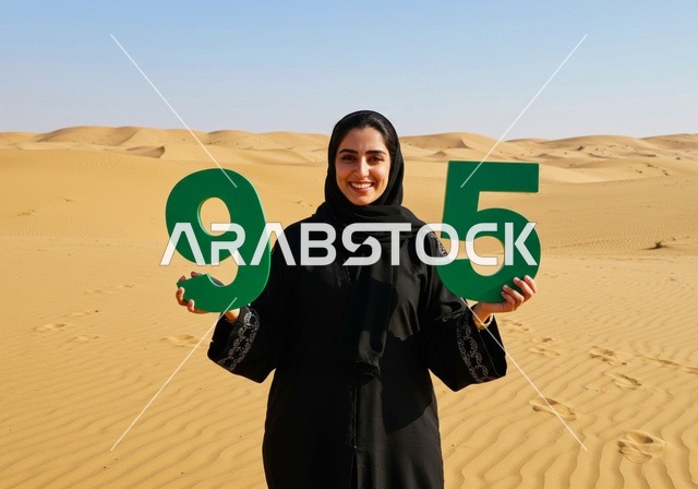 الاحتفال بالمناسبات والأعياد الوطنية في الطبيعة، يوم العلم 11 مارس، اليوم الوطني السعودي 23 سبتمبر،  إمرأة عربية خليجية سعودية مبتسمة ترتدي الحجاب والعباءة تقف وسط الصحراء ترفع مجسمات الارقام لاحياء الذكرى 95 للسعودية