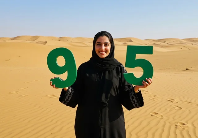 الاحتفال بالمناسبات والأعياد الوطنية في الطبيعة، يوم العلم 11 مارس، اليوم الوطني السعودي 23 سبتمبر،  إمرأة عربية خليجية سعودية مبتسمة ترتدي الحجاب والعباءة تقف وسط الصحراء ترفع مجسمات الارقام لاحياء الذكرى 95 للسعودية
