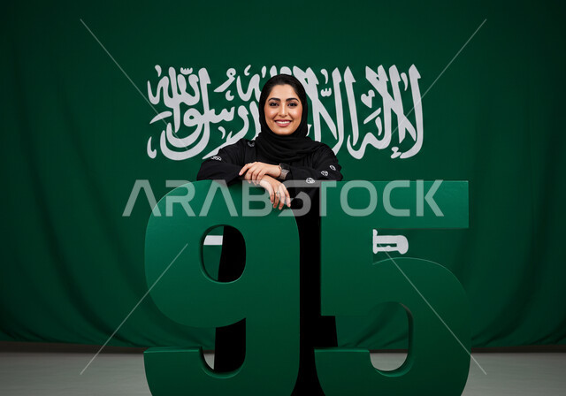 احياء الذكرى 95 لتأسيس المملكة العربية السعودية، راية التوحيد وشعار الوطن، الاحتفال بالمناسبات والأعياد الوطنية، يوم العلم 11 مارس، اليوم الوطني السعودي 23 سبتمبر، إمرأة عربية خليجية سعودية مبتسمة ترتدي الحجاب والعباءة بتعابير الاعتزاز والفخر