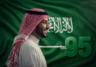 اليوم الوطني السعودي 23 سبتمبر، احياء الذكرى 95  للسعودية، راية التوحيد وشعار الوطن، صورة مقربة من الجانب لرجل عربي خليجي سعودي يرتدي الشماغ والثوب التقليدي يقف بايماءات الفخر والاعتزاز، الاحتفال بالمناسبات والأعياد الوطنية، يوم العلم 11 مارس