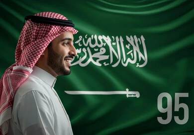 Saudi National Day, September 23, commemorating the 95th anniversary of Saudi Arabia, the banner of unification and the national emblem, a close-up side view of a Saudi Arabian Gulf man wearing a traditional shemagh and thobe, standing with gestures of pride and honor, celebrating national occasions and holidays, Flag Day, March 11