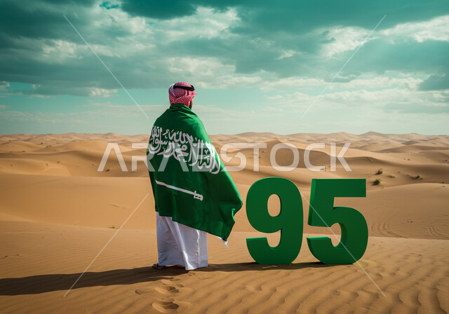 يوم العلم 11 مارس، اليوم الوطني السعودي 23 سبتمبر، صورة من الخلف لرجل عربي خليجي سعودي يرتدي الشماغ والثوب التقليدي يقف وسط الصحراء يضع علم المملكة على ظهره لاحياء الذكرى 95 للسعودية، الاحتفال بالمناسبات والأعياد الوطنية في الطبيعة