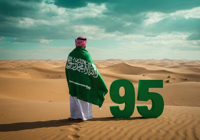 يوم العلم 11 مارس، اليوم الوطني السعودي 23 سبتمبر، صورة من الخلف لرجل عربي خليجي سعودي يرتدي الشماغ والثوب التقليدي يقف وسط الصحراء يضع علم المملكة على ظهره لاحياء الذكرى 95 للسعودية، الاحتفال بالمناسبات والأعياد الوطنية في الطبيعة