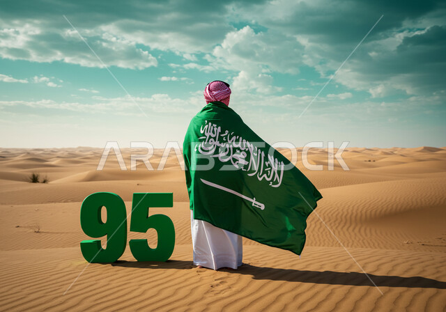 يوم العلم 11 مارس، اليوم الوطني السعودي 23 سبتمبر، صورة من الخلف لرجل عربي خليجي سعودي يرتدي الشماغ والثوب التقليدي يقف وسط الصحراء يضع علم المملكة على ظهره لاحياء الذكرى 95 للسعودية، الاحتفال بالمناسبات والأعياد الوطنية في الطبيعة