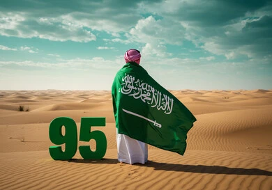 يوم العلم 11 مارس، اليوم الوطني السعودي 23 سبتمبر، صورة من الخلف لرجل عربي خليجي سعودي يرتدي الشماغ والثوب التقليدي يقف وسط الصحراء يضع علم المملكة على ظهره لاحياء الذكرى 95 للسعودية، الاحتفال بالمناسبات والأعياد الوطنية في الطبيعة