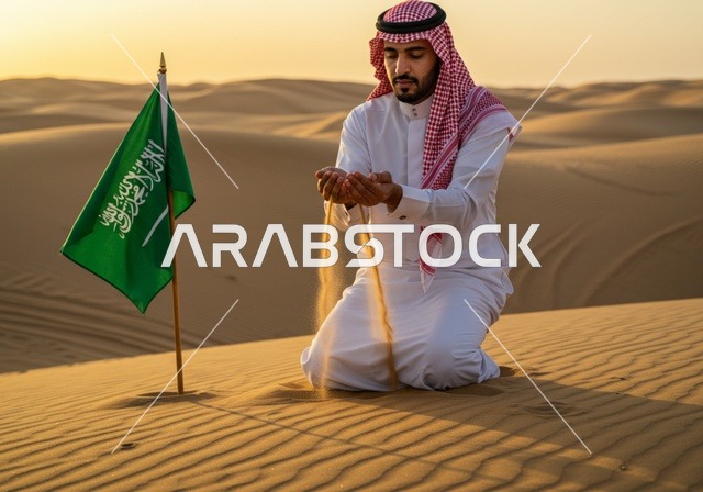 غرس علم المملكة العربية السعودية وسط الصحراء، راية التوحيد وشعار الوطن، الاحتفال بالمناسبات والأعياد الوطنية، يوم العلم 11 مارس، اليوم الوطني السعودي 23 سبتمبر، رجل عربي خليجي سعودي يرتدي الشماغ والثوب التقليدي يعتز بتراب الوطن