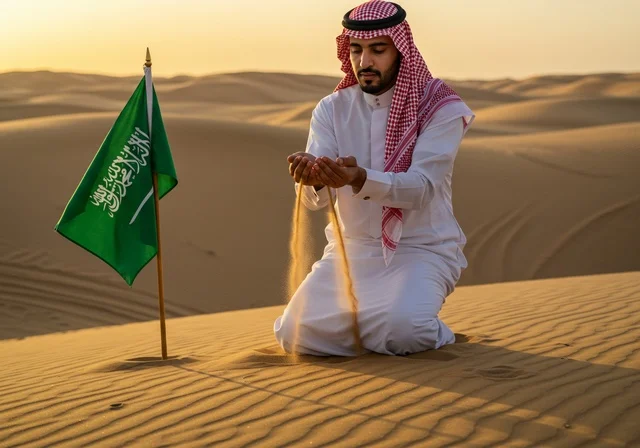 Planting the flag of the Kingdom of Saudi Arabia in the middle of the desert, the banner of unification and the emblem of the nation, celebrating national occasions and holidays, Flag Day March 11, Saudi National Day September 23, an Arab Gulf Saudi man wearing a traditional shemagh and thobe, proud of the homeland's soil