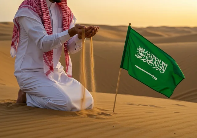 Planting the flag of the Kingdom of Saudi Arabia in the middle of the desert, the banner of unification and the emblem of the nation, celebrating national occasions and holidays, Flag Day March 11, Saudi National Day September 23, an Arab Gulf Saudi man wearing a traditional shemagh and thobe, proud of the homeland's soil