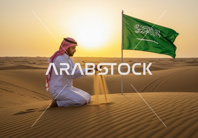 غرس علم المملكة العربية السعودية وسط الصحراء، راية التوحيد وشعار الوطن، الاحتفال بالمناسبات والأعياد الوطنية، يوم العلم 11 مارس، اليوم الوطني السعودي 23 سبتمبر، رجل عربي خليجي سعودي يرتدي الشماغ والثوب التقليدي يعتز بتراب الوطن