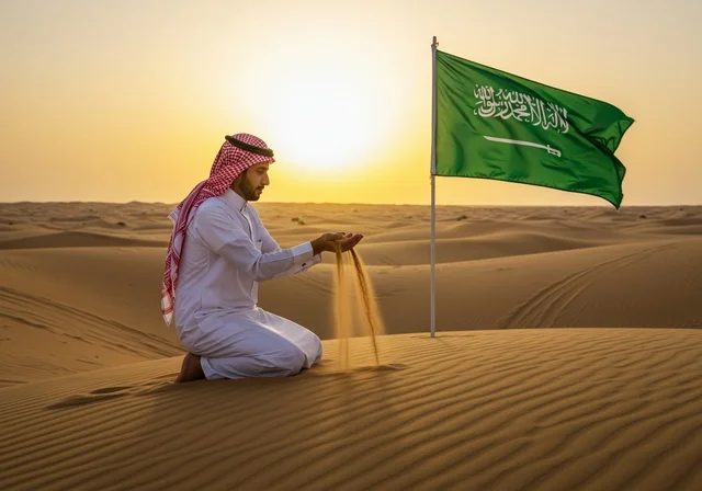 Planting the flag of the Kingdom of Saudi Arabia in the middle of the desert, the banner of unification and the emblem of the nation, celebrating national occasions and holidays, Flag Day March 11, Saudi National Day September 23, an Arab Gulf Saudi man wearing a traditional shemagh and thobe, proud of the homeland's soil