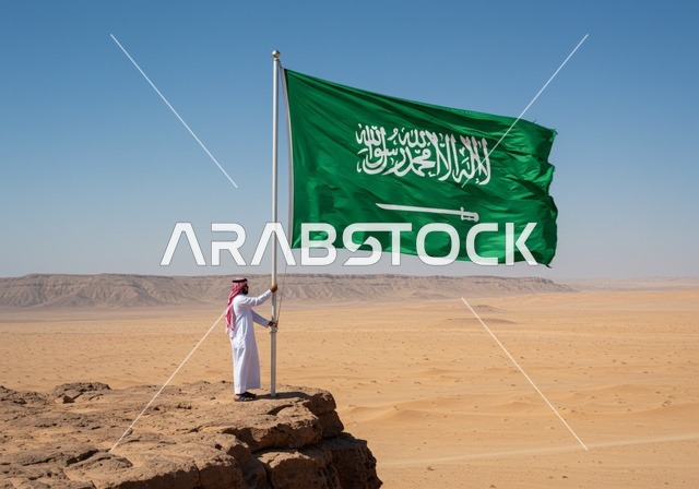 Raising the flag of the Kingdom of Saudi Arabia in the middle of the desert, the banner of unification and the emblem of the nation, celebrating national occasions and holidays, Flag Day March 11, Saudi National Day September 23, a Saudi Arabian Gulf man wearing a traditional shemagh and thobe, proud of the homeland's soil