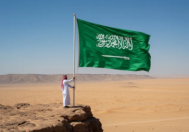 رفع علم المملكة العربية السعودية وسط الصحراء، راية التوحيد وشعار الوطن، الاحتفال بالمناسبات والأعياد الوطنية، يوم العلم 11 مارس، اليوم الوطني السعودي 23 سبتمبر، رجل عربي خليجي سعودي يرتدي الشماغ والثوب التقليدي يعتز بتراب الوطن