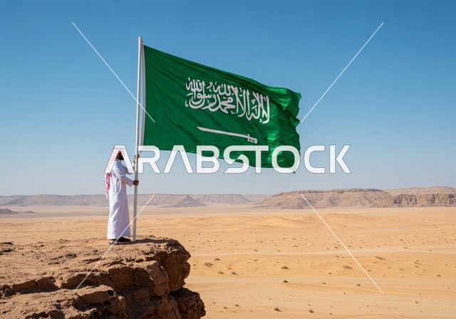 رفع علم المملكة العربية السعودية وسط الصحراء، راية التوحيد وشعار الوطن، الاحتفال بالمناسبات والأعياد الوطنية، يوم العلم 11 مارس، اليوم الوطني السعودي 23 سبتمبر، رجل عربي خليجي سعودي يرتدي الشماغ والثوب التقليدي يعتز بتراب الوطن
