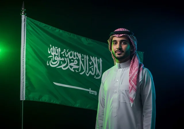 Looking at the camera with expressions of joy and pride in belonging to the homeland, a smiling Saudi Arabian Gulf man wearing a traditional shemagh and thobe celebrates Saudi National Day, September 23, Flag Day, March 11, national celebrations and occasions in the Kingdom of Saudi Arabia.