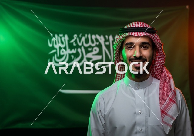 Looking at the camera with expressions of joy and pride in belonging to the homeland, a smiling Saudi Arabian Gulf man wearing a traditional shemagh and thobe celebrates Saudi National Day, September 23, Flag Day, March 11, national celebrations and occasions in the Kingdom of Saudi Arabia.