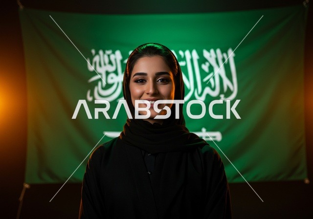 يوم العلم 11 مارس، احتفالات ومناسبات وطنية في المملكة العربية السعودية، النظر الى الكاميرا بتعابير السرور والفخر بالانتماء للوطن، إمرأة عربية خليجية سعودية مبتسمة ترتدي الحجاب والعباءة تحتفل باليوم الوطني السعودي 23 سبتمبر