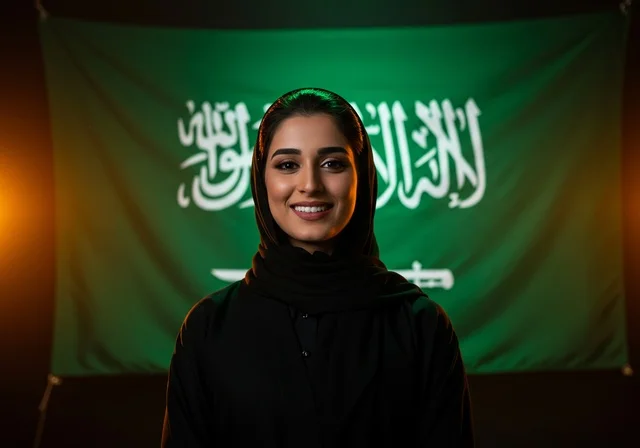 يوم العلم 11 مارس، احتفالات ومناسبات وطنية في المملكة العربية السعودية، النظر الى الكاميرا بتعابير السرور والفخر بالانتماء للوطن، إمرأة عربية خليجية سعودية مبتسمة ترتدي الحجاب والعباءة تحتفل باليوم الوطني السعودي 23 سبتمبر