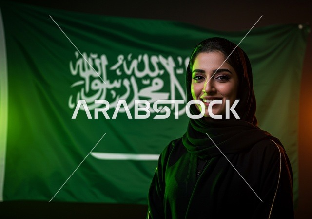 يوم العلم 11 مارس، احتفالات ومناسبات وطنية في المملكة العربية السعودية، النظر الى الكاميرا بتعابير السرور والفخر بالانتماء للوطن، إمرأة عربية خليجية سعودية مبتسمة ترتدي الحجاب والعباءة تحتفل باليوم الوطني السعودي 23 سبتمبر