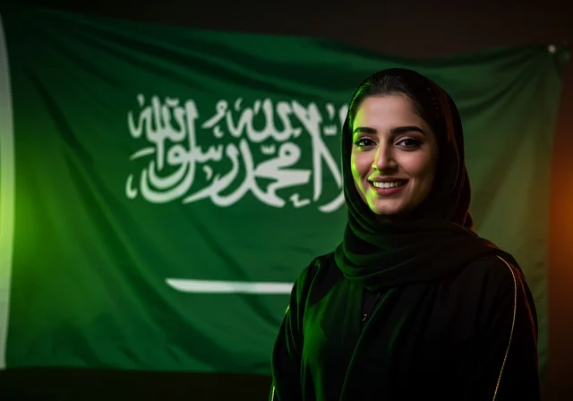 يوم العلم 11 مارس، احتفالات ومناسبات وطنية في المملكة العربية السعودية، النظر الى الكاميرا بتعابير السرور والفخر بالانتماء للوطن، إمرأة عربية خليجية سعودية مبتسمة ترتدي الحجاب والعباءة تحتفل باليوم الوطني السعودي 23 سبتمبر