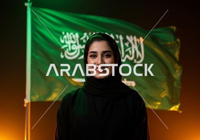 يوم العلم 11 مارس، احتفالات ومناسبات وطنية في المملكة العربية السعودية، النظر الى الكاميرا بتعابير السرور والفخر بالانتماء للوطن، إمرأة عربية خليجية سعودية مبتسمة ترتدي الحجاب والعباءة تحتفل باليوم الوطني السعودي 23 سبتمبر