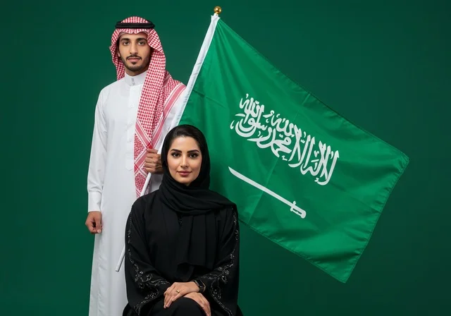 National occasions and celebrations in the Kingdom of Saudi Arabia, pride and honor in belonging to the homeland, a Saudi Gulf Arab couple celebrating Saudi National Day on September 23, Flag Day on March 11